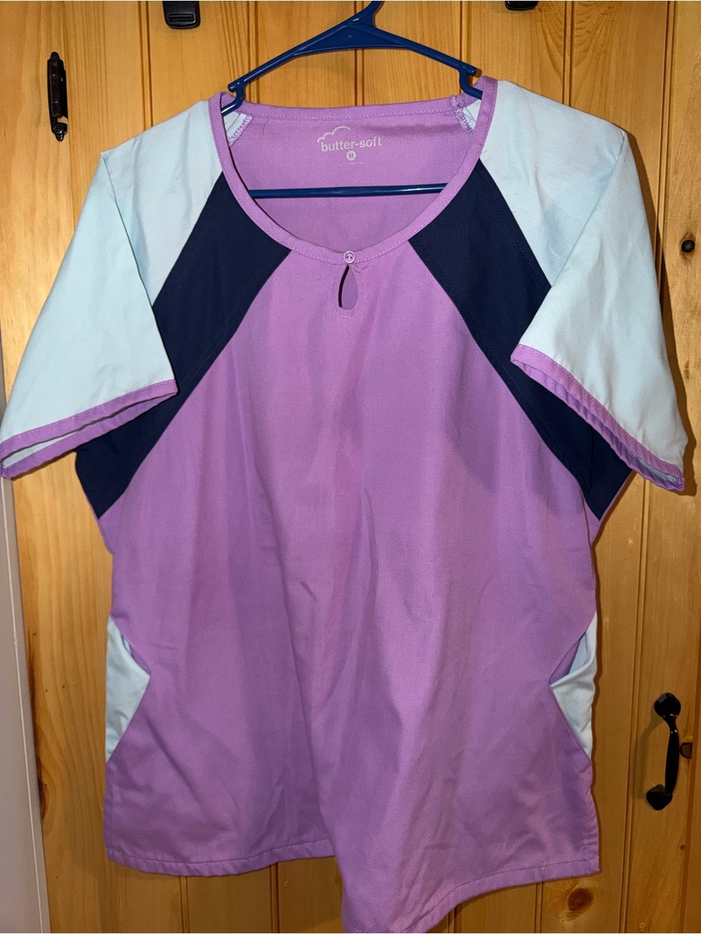 butter-soft Lavender and Navy Colorblock Scrub Top- Size Medium